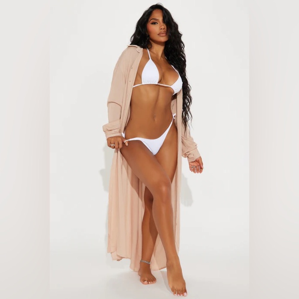 Fashion Nova Breezy Nights Linen Swim Cover Up Kimono - Taupe Small